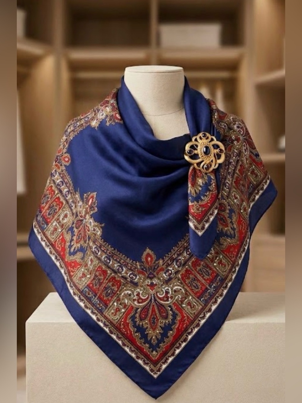 Navy Blue Paisley Square Scarf with Red and Gold Accents